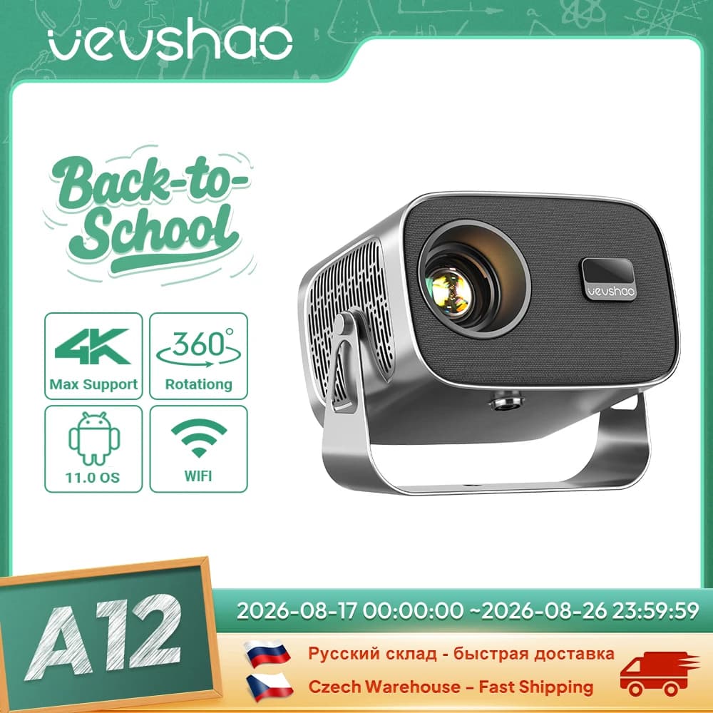 VEVSHAO A12 Portable Projector Mini LED 1080P 4K Video Android 13.0 WiFi 6 SmartPhone Mirroring Home Cinema Projector