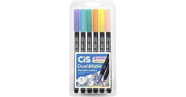 Caneta pincel dual Brush Aquarelvel com 6 cores Pastel Cis