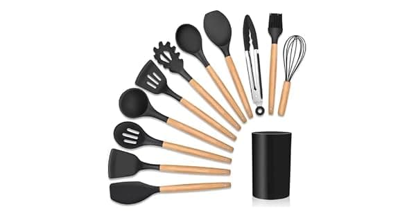 Kit 12 Utenslios De Cozinha Em Silicone E Cabo De Madeira Jogo De Utenslios Resistente ao Calor Antiaderente Premium GAXMARK