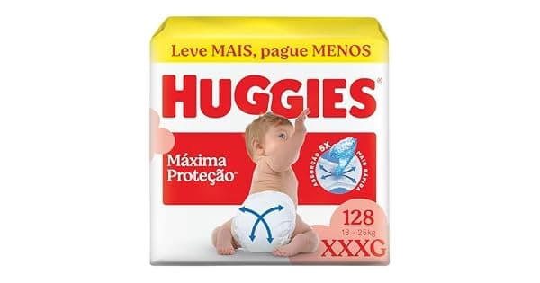 Fralda Descartvel Huggies Mxima Proteo Tamanho XXXL 128 unidades Fralda aberta com tecnologia XtraFlex canais em X que se adaptam aos movimentos e mxima proteo sem fralda cada